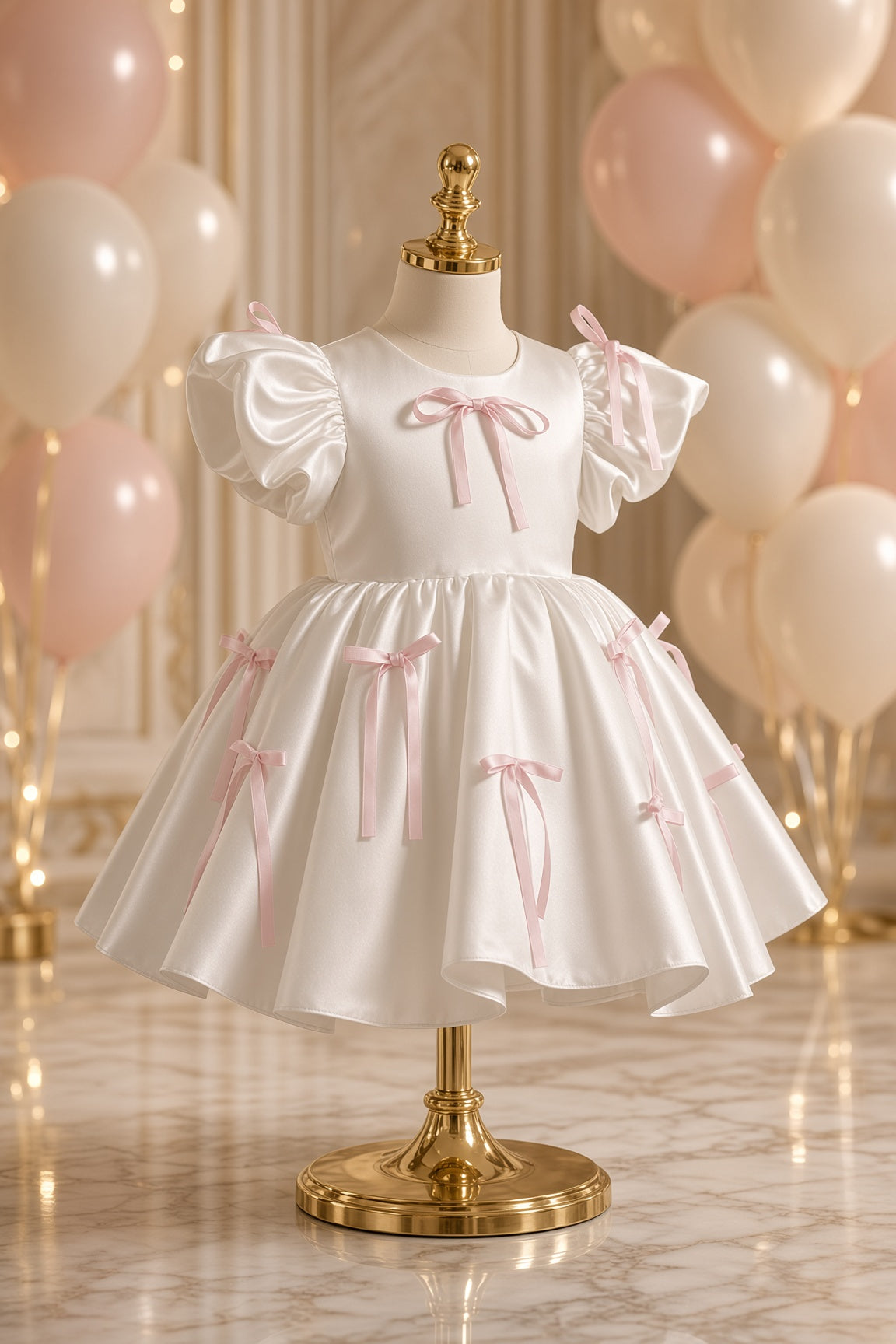 Blush Ribbon Princess Dress — ivory satin puff-sleeve dress with blush ribbon bows