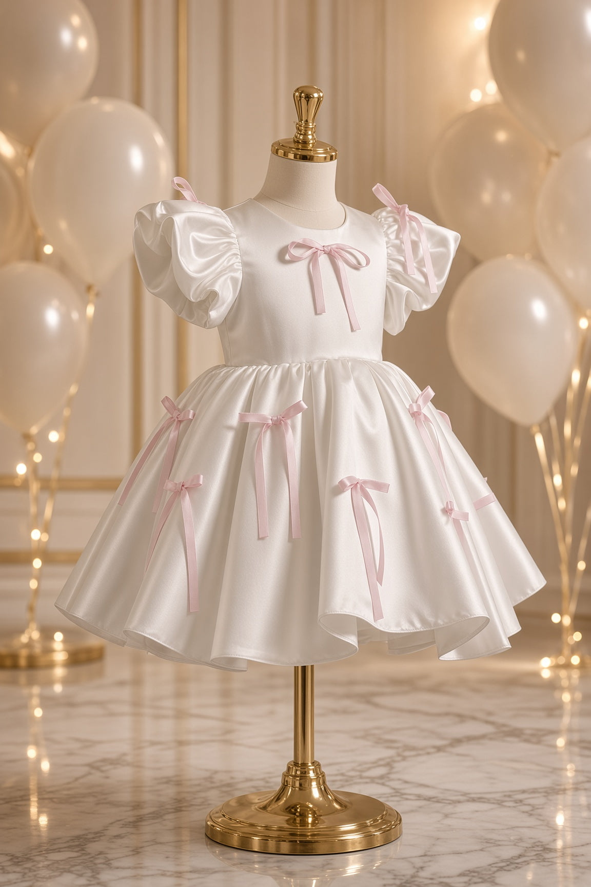 Blush Ribbon Princess Dress — detail of blush ribbon bows on ivory satin